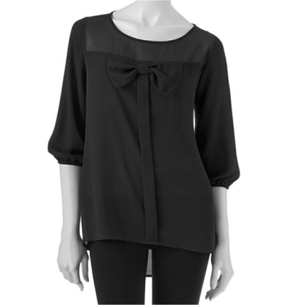 Love Haight Women's Black Bow Front Hi-Low Semi-Sheer Blouse